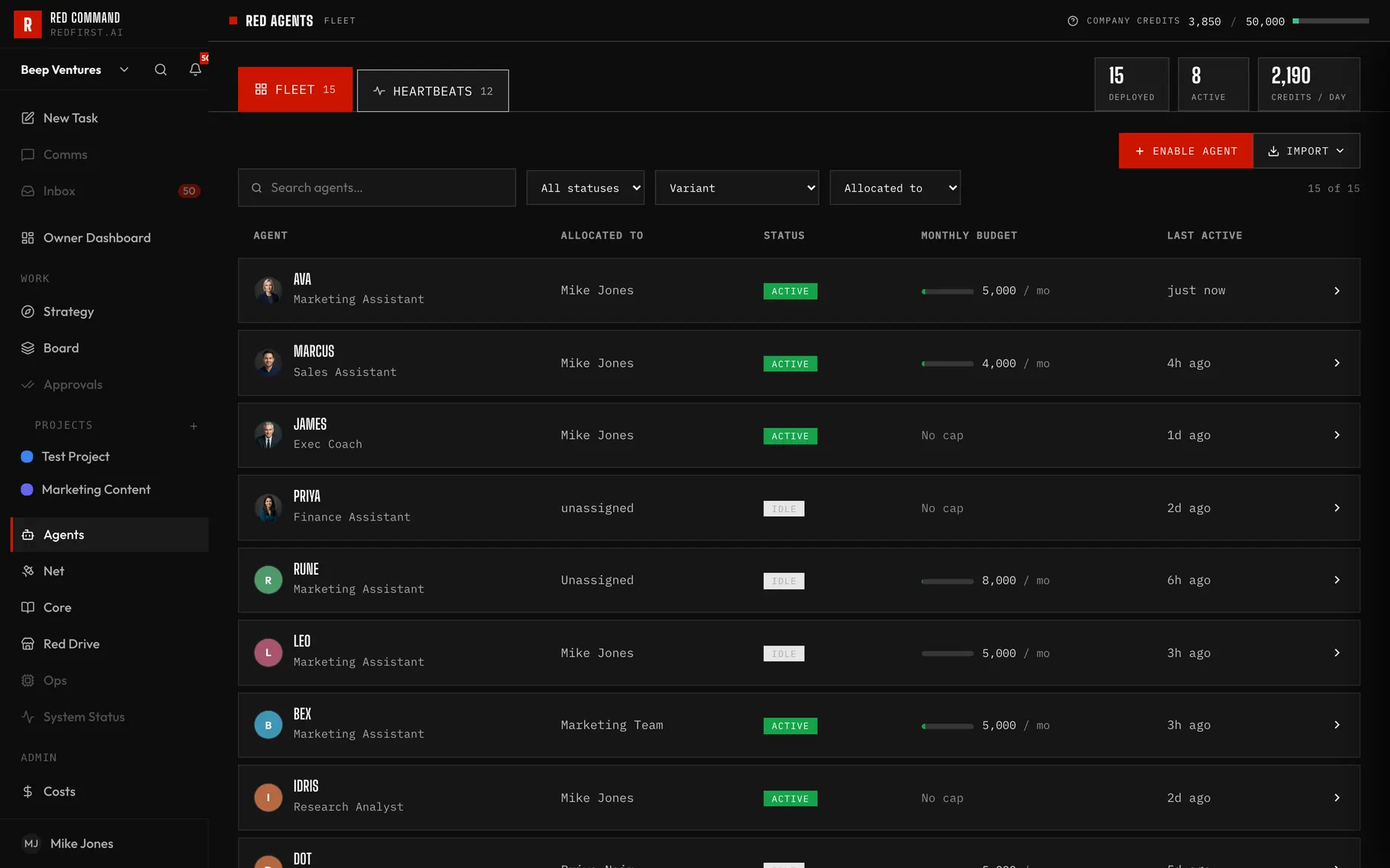 The Red Agents fleet view listing deployed agents with assignment, status and budget