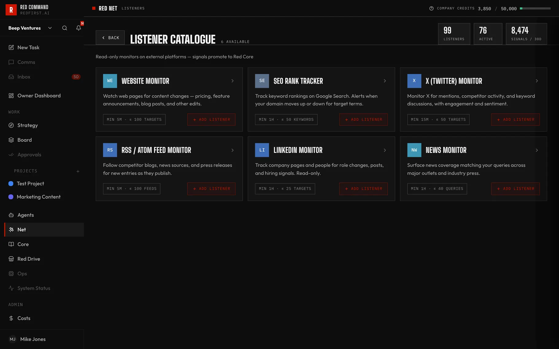 The Red Net listener catalogue