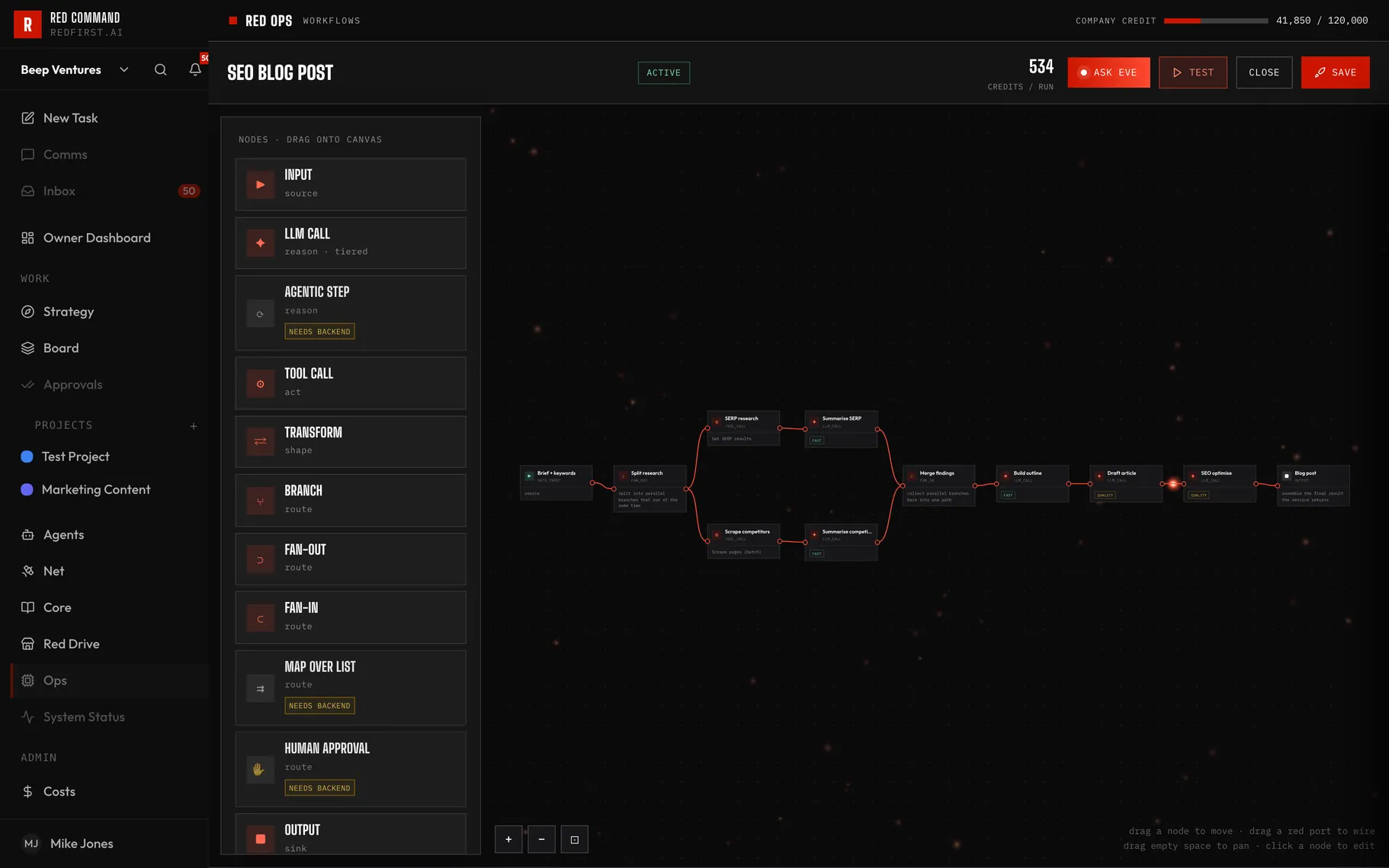 The Red Ops workflow builder canvas